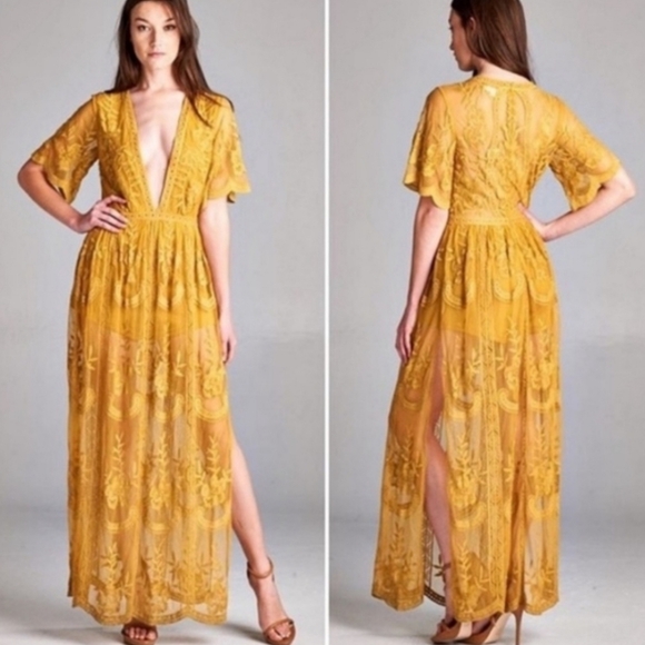 Honey Punch sz M As You Wish Embroidered Lace Boho Maxi Dress - Marigold - Picture 1 of 13